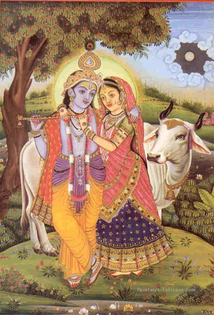 Radha Krishna et vache hindoue Peintures à l'huile